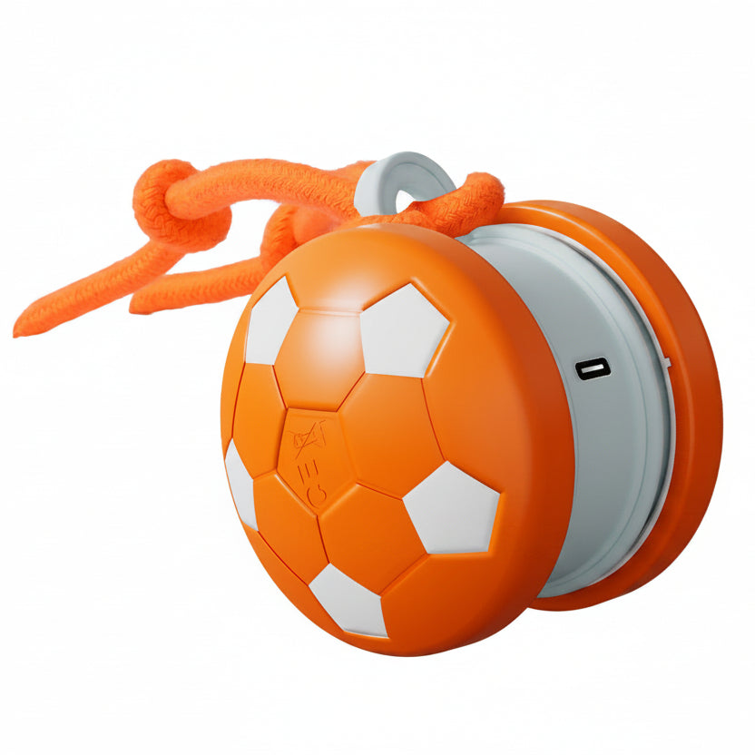 Orange ball-shaped pet ball toy with a rope attachment on a white background
